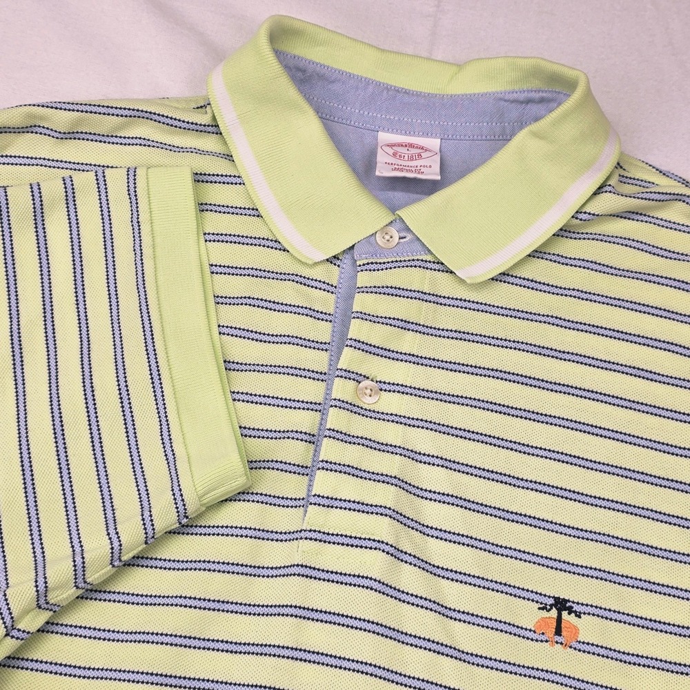 Brooks Brothers Performance Polo Men L Lime Green Blue Striped Original Cotton